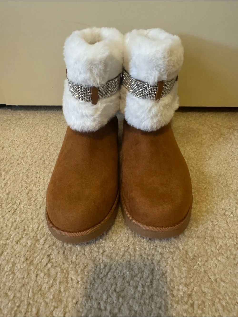 Juicy Couture Brown Suede Faux Fur Cuff Rhinestone Strap Boots